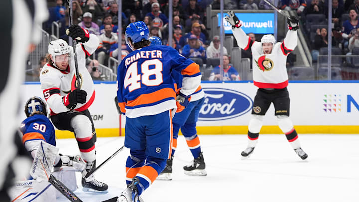 Apr 11, 2026; Elmont, New York, USA; Ottawa Senators defenseman Jake Sanderson (85) scores a goal in the third period against the New York Islanders at UBS Arena. Mandatory Credit: Alexander Wohl-Imagn Images