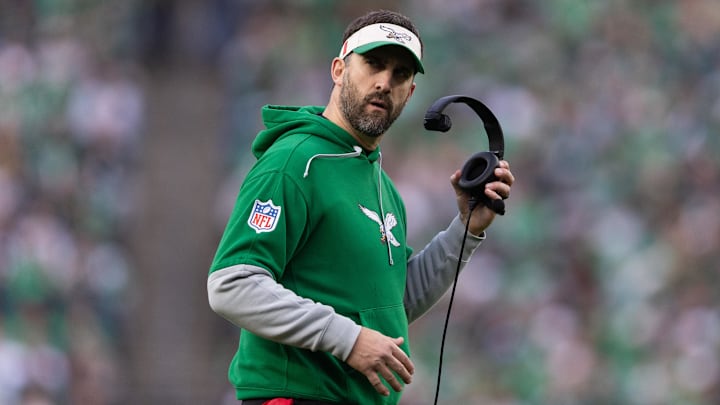 Dec 29, 2024; Philadelphia, Pennsylvania, USA; Philadelphia Eagles head coach Nick Sirianni looks on during the fourth quarter against the Dallas Cowboys at Lincoln Financial Field. Mandatory Credit: Bill Streicher-Imagn Images