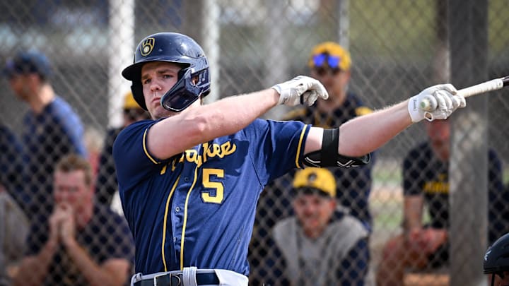 Milwaukee Brewers third base prospect Luke Adams takes batting practice during spring training workouts Monday, February 17, 2025, at American Family Fields of Phoenix in Phoenix, Arizona.