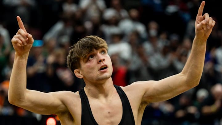 Penn State freshman wrestler Marcus Blaze is pictured at the 2025 Ohio state championships, where he won a state title competing for Perrysburg High. 