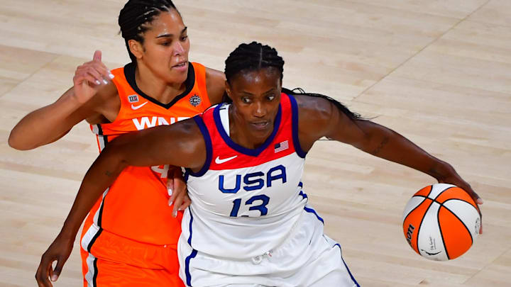 Jul 14, 2021; Las Vegas, NV, USA; Team USA center Sylvia Fowles (13) dribbles around WNBA All Star forward Brionna Jones (42) during the WNBA All Star Game at Michelob Ultra Arena at Mandalay Bay Resort. Mandatory Credit: Stephen R. Sylvanie-Imagn Images Jul 14, 2021; Las Vegas, NV, USA; Team USA center Sylvia Fowles (13) dribbles around WNBA All Star forward Brionna Jones (42) during the WNBA All Star Game at Michelob Ultra Arena at Mandalay Bay Resort. Mandatory Credit: Stephen R. Sylvanie-Imagn Images