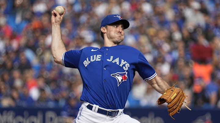 Oct 1, 2022; Toronto, Ontario, CAN; Toronto Blue Jays pitcher Ross Stripling (48) pitches against the Boston Red Sox during the first inning at Rogers Centre. 