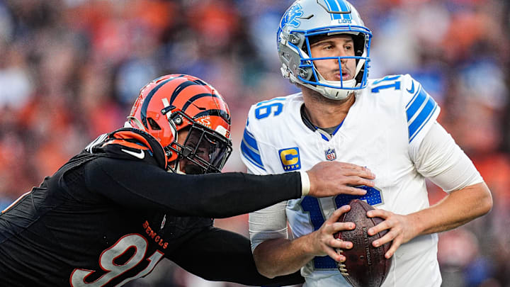 Detroit Lions quarterback Jared Goff (16) is sacked by Cincinnati Bengals defensive end Trey Hendrickson (91) during the second half at Paycor Stadium in Cincinnati on Sunday, Oct. 5, 2025. Detroit Lions quarterback Jared Goff (16) is sacked by Cincinnati Bengals defensive end Trey Hendrickson (91) during the second half at Paycor Stadium in Cincinnati on Sunday, Oct. 5, 2025.
