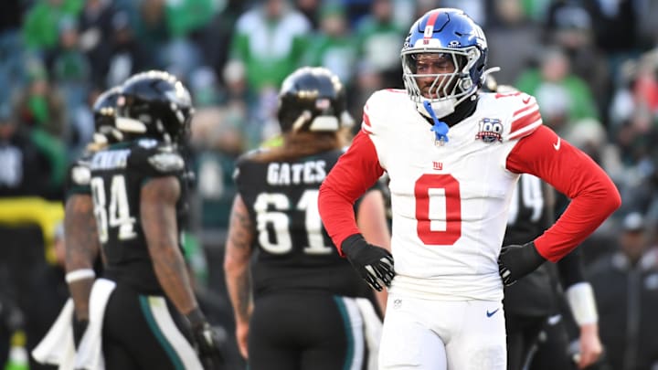 Jan 5, 2025; Philadelphia, Pennsylvania, USA; New York Giants linebacker Brian Burns (0) reacts against the Philadelphia Eagles during the fourth quarter at Lincoln Financial Field. Jan 5, 2025; Philadelphia, Pennsylvania, USA; New York Giants linebacker Brian Burns (0) reacts against the Philadelphia Eagles during the fourth quarter at Lincoln Financial Field.