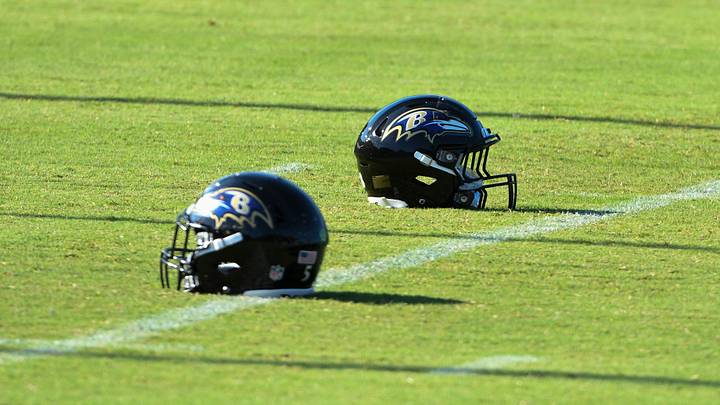 Aug 18, 2020; Owings Mills, Maryland, USA; A Baltimore Ravens helmets on the field during the morning session of training camp at Under Armour Performance Center. Mandatory Credit: Tommy Gilligan-USA TODAY Sports Aug 18, 2020; Owings Mills, Maryland, USA; A Baltimore Ravens helmets on the field during the morning session of training camp at Under Armour Performance Center. Mandatory Credit: Tommy Gilligan-USA TODAY Sports