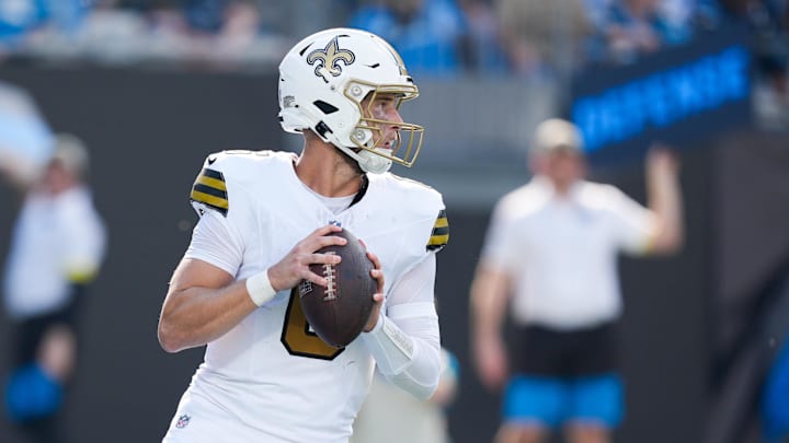 Nov 9, 2025; Charlotte, North Carolina, USA;  New Orleans Saints quarterback Tyler Shough (6) looks to pass during the second quarter against the Carolina Panthers at Bank of America Stadium. Mandatory Credit: Jim Dedmon-Imagn Images