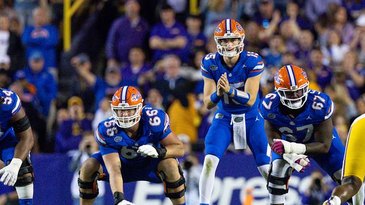 Nov 11, 2023; Baton Rouge, Louisiana, USA;  Florida Gators quarterback Graham Mertz (15) calls form the ball against the LSU Tigers during the first half at Tiger Stadium. Mandatory Credit: Stephen Lew-USA TODAY Sports