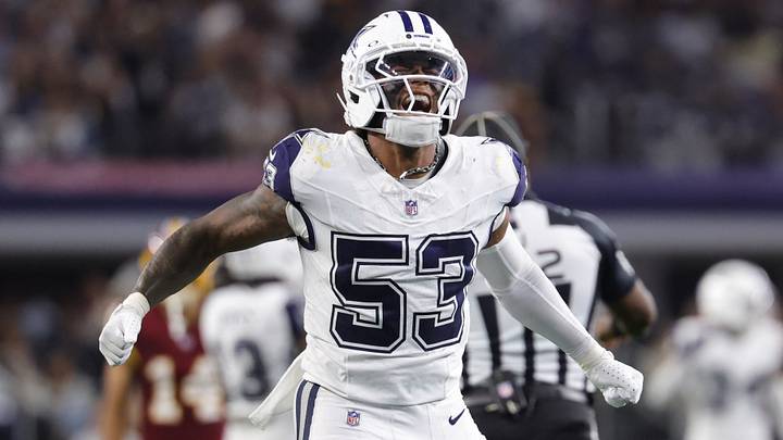 Dallas Cowboys linebacker Dee Winters (53) reacts after a defensive play against the Washington Commanders during the second half at AT&T Stadium. Mandatory Credit: Kevin Jairaj-Imagn Images Dallas Cowboys linebacker Dee Winters (53) reacts after a defensive play against the Washington Commanders during the second half at AT&T Stadium. Mandatory Credit: Kevin Jairaj-Imagn Images