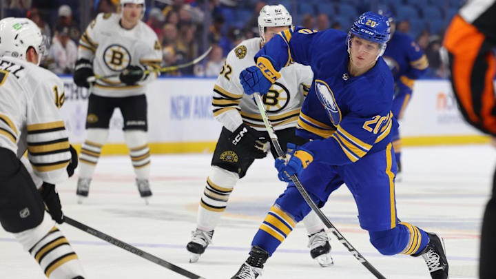 Sep 26, 2023; Buffalo, New York, USA;  Buffalo Sabres center Jiri Kulich (20) takes a shot on goal