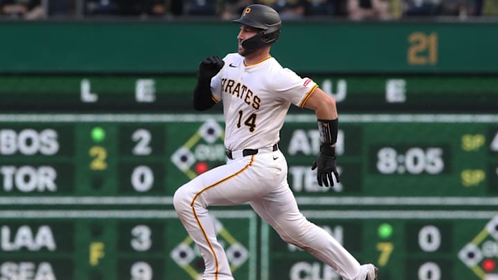Apr 30, 2025; Pittsburgh, Pennsylvania, USA; Pittsburgh Pirates catcher Joey Bart (14) runs to second base with a double against the Chicago Cubs during the fourth inning at PNC Park. Mandatory Credit: Charles LeClaire-Imagn Images Apr 30, 2025; Pittsburgh, Pennsylvania, USA; Pittsburgh Pirates catcher Joey Bart (14) runs to second base with a double against the Chicago Cubs during the fourth inning at PNC Park. Mandatory Credit: Charles LeClaire-Imagn Images