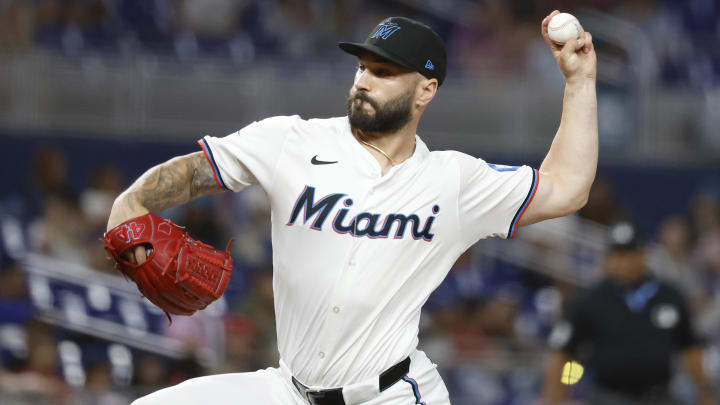 Apr 16, 2024; Miami, Florida, USA;  Miami Marlins pitcher Tanner Scott (66) pitches against the San Francisco Giants during the ninth inning at loanDepot Park