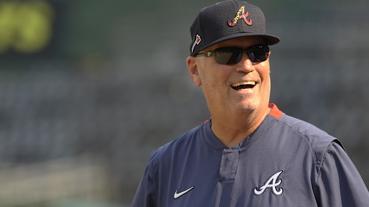 Atlanta Braves manager Brian Snitker (43) reacts during batting practice before the game against the Pittsburgh Pirates at PNC Park.