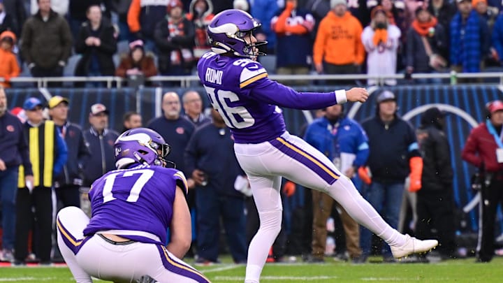 Nov 24, 2024; Chicago, Illinois, USA; Minnesota Vikings kicker John Parker Romo (96) watches his successful game winning field goal against the Chicago Bears during overtime at Soldier Field. Nov 24, 2024; Chicago, Illinois, USA; Minnesota Vikings kicker John Parker Romo (96) watches his successful game winning field goal against the Chicago Bears during overtime at Soldier Field.