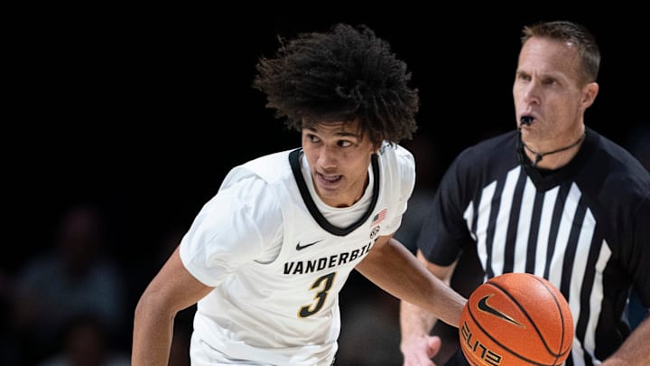 Vanderbilt guard Tyler Tanner (3) brings the ball up court against Virginia during the first half of their exhibition game at Memorial Gym in Nashville, Tenn., Thursday, Oct. 16, 2025. Vanderbilt guard Tyler Tanner (3) brings the ball up court against Virginia during the first half of their exhibition game at Memorial Gym in Nashville, Tenn., Thursday, Oct. 16, 2025.