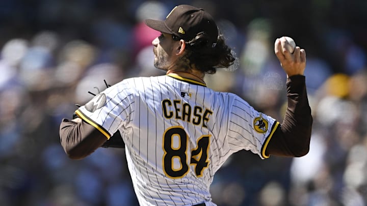Sep 24, 2025; San Diego, California, USA; San Diego Padres starting pitcher Dylan Cease (84) delivers during the second inning against the Milwaukee Brewers at Petco Park. Mandatory Credit: Denis Poroy-Imagn Images
