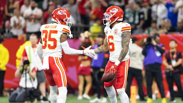 Feb 9, 2025; New Orleans, LA, USA; Kansas City Chiefs safety Bryan Cook (6) celebrates with teammate Jaylen Watson (35) after an interception against the Philadelphia Eagles in the second quarter in Super Bowl LIX at Ceasars Superdome. Mandatory Credit: Mark J. Rebilas-Imagn Images Feb 9, 2025; New Orleans, LA, USA; Kansas City Chiefs safety Bryan Cook (6) celebrates with teammate Jaylen Watson (35) after an interception against the Philadelphia Eagles in the second quarter in Super Bowl LIX at Ceasars Superdome. Mandatory Credit: Mark J. Rebilas-Imagn Images