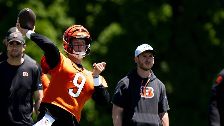 Cincinnati Bengals quarterback Joe Burrow (9) throws a pass during spring practice on at the Kettering Practice Fields on Tuesday, June 2, 2026. Cincinnati Bengals quarterback Joe Burrow (9) throws a pass during spring practice on at the Kettering Practice Fields on Tuesday, June 2, 2026.