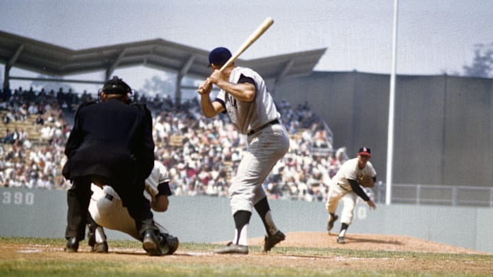 New York Yankees outfielder Mickey Mantle (7) follows through on a hit against the Los Angeles Angels at Dodger Stadium New York Yankees outfielder Mickey Mantle (7) follows through on a hit against the Los Angeles Angels at Dodger Stadium