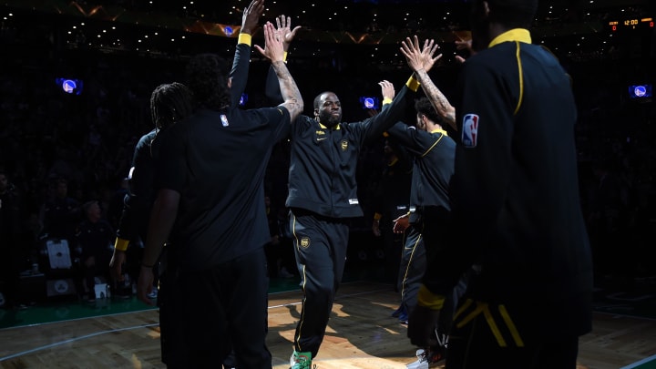Mar 3, 2024; Boston, Massachusetts, USA;  Golden State Warriors forward Draymond Green (23) is introduced prior to a game against the Boston Celtics at TD Garden. Mandatory Credit: Bob DeChiara-USA TODAY Sports