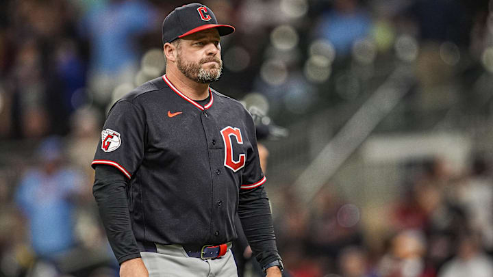Apr 12, 2026: Cleveland Guardians manager Stephen Vogt (12) on the field making a pitching change against the Atlanta Braves during the ninth inning at Truist Park. 