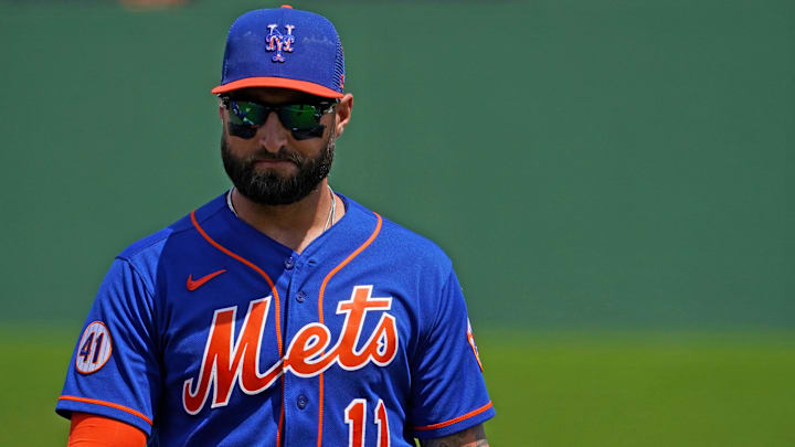 Mar 22, 2021; West Palm Beach, Florida, USA; New York Mets right fielder Kevin Pillar (11) walks on the field prior to the spring training game against the Houston Astros at The Ballpark of the Palm Beaches. Mandatory Credit: Jasen Vinlove-Imagn Images