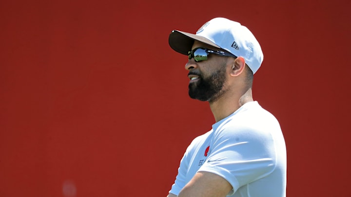 Cleveland Browns general manager Andrew Berry watches practice on the second day of rookie minicamp May 10, 2025, in Berea, Ohio.