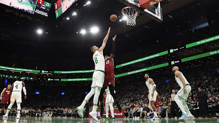 Apr 21, 2024; Boston, Massachusetts, USA; Miami Heat center Bam Adebayo (13) shoots the ball over