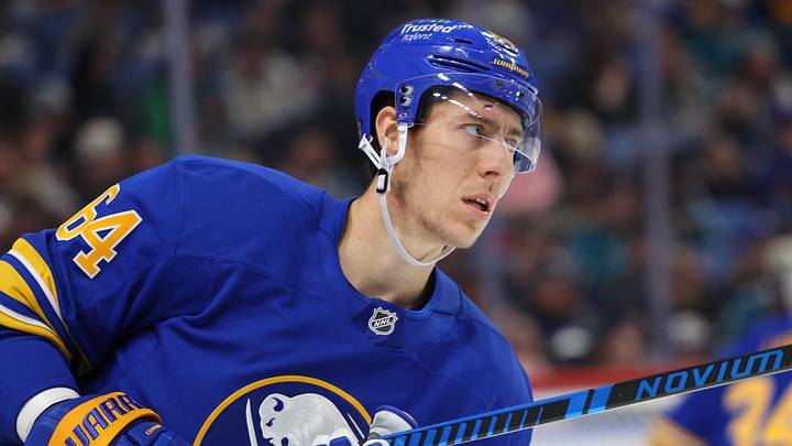 Mar 10, 2026; Buffalo, New York, USA; Buffalo Sabres defenseman Logan Stanley (64) before the start of the third period against the San Jose Sharks at KeyBank Center. Mandatory Credit: Timothy T. Ludwig-Imagn Images Mar 10, 2026; Buffalo, New York, USA; Buffalo Sabres defenseman Logan Stanley (64) before the start of the third period against the San Jose Sharks at KeyBank Center. Mandatory Credit: Timothy T. Ludwig-Imagn Images