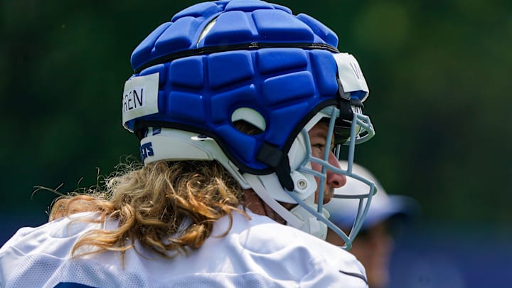 Indianapolis Colts tight end Tyler Warren (84) walks off the field Tuesday, June 10, 2025, during NFL Colts mandatory mini camp at the Indiana Farm Bureau Football Center in Indianapolis. Indianapolis Colts tight end Tyler Warren (84) walks off the field Tuesday, June 10, 2025, during NFL Colts mandatory mini camp at the Indiana Farm Bureau Football Center in Indianapolis.