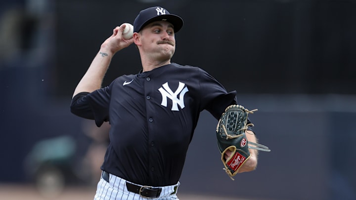 Feb 12, 2025; Tampa, FL, USA; New York Yankees starting pitcher JT Brubaker (34) participates in spring training workouts at George M. Steinbrenner Field. Mandatory Credit: Nathan Ray Seebeck-Imagn Images