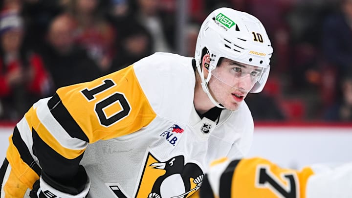 Dec 12, 2024; Montreal, Quebec, CAN; Pittsburgh Penguins left wing Drew O'Connor (10) waits for a face-off against the Montreal Canadiens during the second period at Bell Centre.