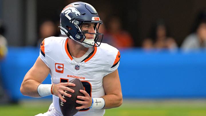 Sep 21, 2025; Inglewood, California, USA;  Denver Broncos quarterback Bo Nix (10) as he looks to pass in the first half against the Los Angeles Chargers at SoFi Stadium. 