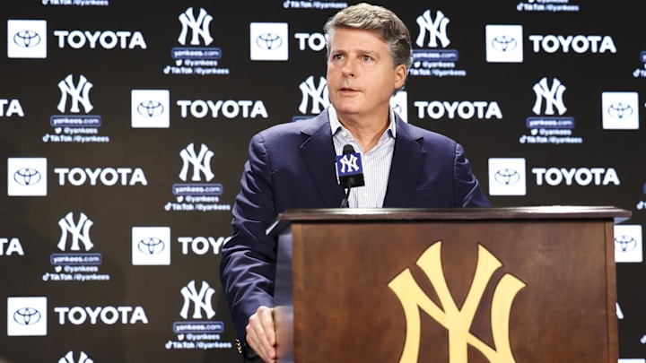 Dec 21, 2022; Bronx, New York, USA; Hal Steinbrenner during a press conference at Yankee Stadium. Mandatory Credit: Jessica Alcheh-Imagn Images