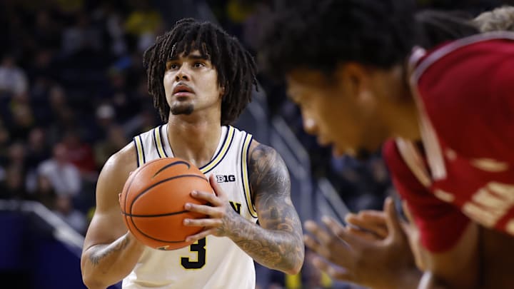 Jan 20, 2026; Ann Arbor, Michigan, USA;  Michigan Wolverines guard Elliot Cadeau (3) takes a free throw in the first half against the Indiana Hoosiers at Crisler Center. Mandatory Credit: Rick Osentoski-Imagn Images