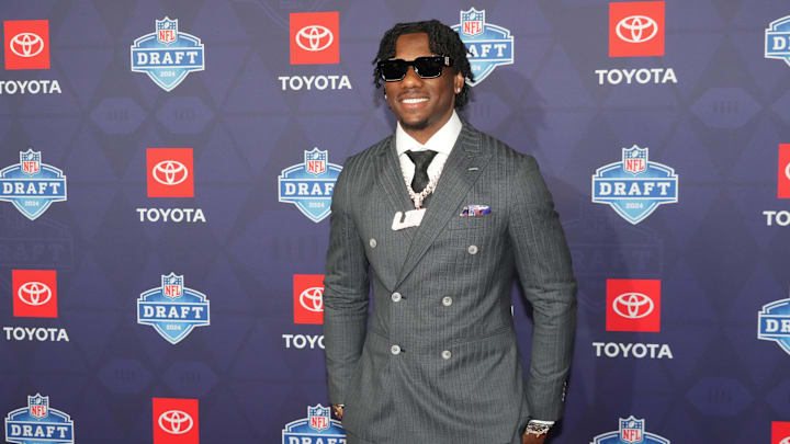 Apr 25, 2024; Detroit, MI, USA; LSU Tigers wide receiver Malik Nabers stands on the red carpet ahead