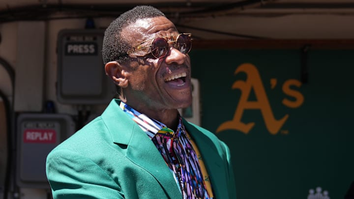 Aug 7, 2022; Oakland, California, USA; Oakland Athletics former outfielder Rickey Henderson before the game against the San Francisco Giants at RingCentral Coliseum. Mandatory Credit: Darren Yamashita-Imagn Images Aug 7, 2022; Oakland, California, USA; Oakland Athletics former outfielder Rickey Henderson before the game against the San Francisco Giants at RingCentral Coliseum. Mandatory Credit: Darren Yamashita-Imagn Images
