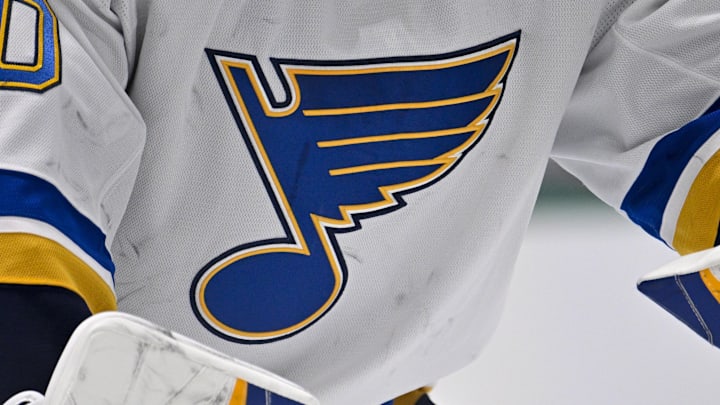Dec 14, 2024; Dallas, Texas, USA; A view of the Blues logo on the jersey of St. Louis Blues goaltender Jordan Binnington (50) during the game between the Dallas Stars and the St. Louis Blues at American Airlines Center. Mandatory Credit: Jerome Miron-Imagn Images