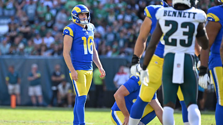 Sep 21, 2025; Philadelphia, Pennsylvania, USA;  Los Angeles Rams kicker Joshua Karty (16) lines up a kick during the fourth quarter against the Philadelphia Eagles at Lincoln Financial Field. Mandatory Credit: Eric Hartline-Imagn Images