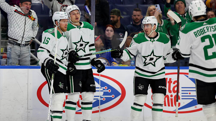 Mar 9, 2023; Buffalo, New York, USA;  Dallas Stars center Roope Hintz (24) celebrates his goal with