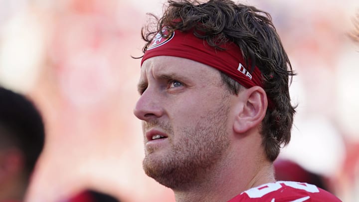 Aug 9, 2025; Santa Clara, California, USA;  San Francisco 49ers tight end Jake Tonges (88) watches the action in the first quarter against the Denver Broncos at Levi's Stadium. Mandatory Credit: David Gonzales-Imagn Images