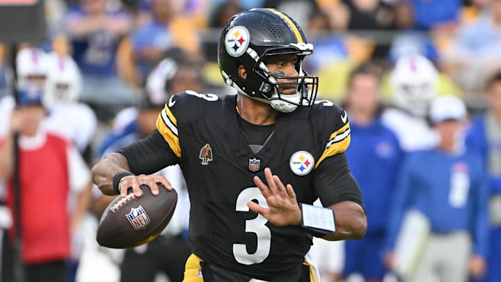 Aug 17, 2024; Pittsburgh, Pennsylvania, USA; Pittsburgh Steelers quarterback Russell Wilson (3) looks to pass against the Buffalo Bills during the first quarter at Acrisure Stadium. Mandatory Credit: Barry Reeger-Imagn Images Aug 17, 2024; Pittsburgh, Pennsylvania, USA; Pittsburgh Steelers quarterback Russell Wilson (3) looks to pass against the Buffalo Bills during the first quarter at Acrisure Stadium. Mandatory Credit: Barry Reeger-Imagn Images