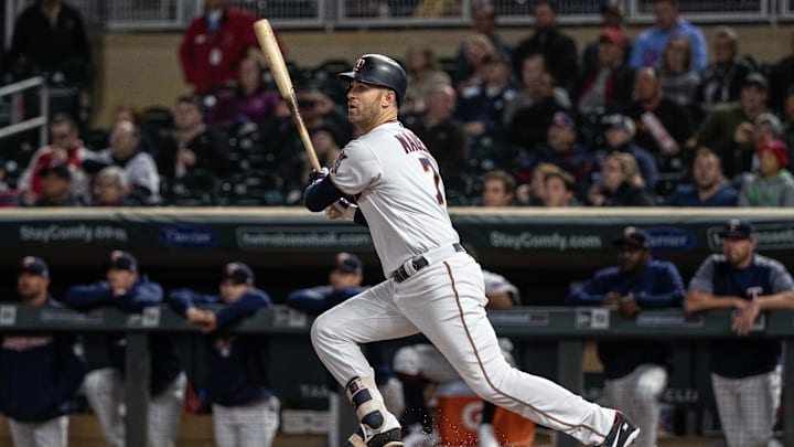 Sep 25, 2018; Minneapolis, MN, USA; Minnesota Twins first baseman Joe Mauer (7) hits a single during the first inning against the Detroit Tigers at Target Field. Mandatory Credit: Jordan Johnson-Imagn Images Sep 25, 2018; Minneapolis, MN, USA; Minnesota Twins first baseman Joe Mauer (7) hits a single during the first inning against the Detroit Tigers at Target Field. Mandatory Credit: Jordan Johnson-Imagn Images