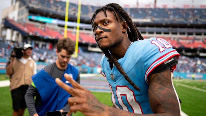 Tennessee Titans wide receiver DeAndre Hopkins (10) celebrates after defeating the Atlanta Falcons at Nissan Stadium in Nashville, Tenn., Sunday, Oct. 29, 2023.