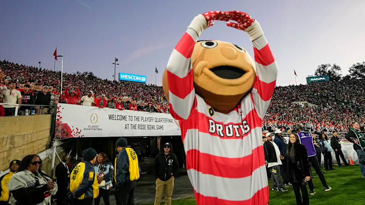 Ohio State Buckeyes mascot Brutus cheers during the second half of the College Football Playoff quarterfinal against the Oregon Ducks at the Rose Bowl in Pasadena, Calif. on Jan. 1, 2025. Ohio State won 41-21.