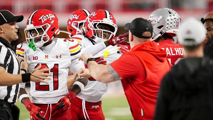 A scuffle breaks out on the Ohio State Buckeyes bench near the end of the NCAA football game against the Maryland Terrapins at Ohio Stadium in Columbus on Oct. 10, 2026. A scuffle breaks out on the Ohio State Buckeyes bench near the end of the NCAA football game against the Maryland Terrapins at Ohio Stadium in Columbus on Oct. 10, 2026.