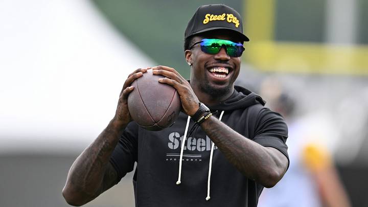 Pittsburgh Steelers cornerback Joey Porter Jr. laughs on the sideline during a practice session at Saint Vincent College. 