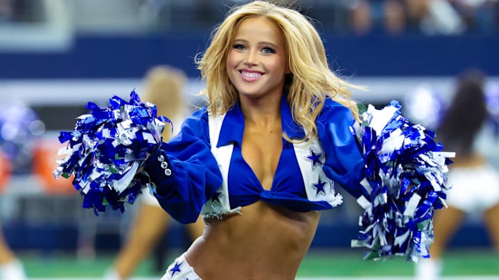 Sep 15, 2024; Arlington, Texas, USA; Dallas Cowboys cheerleader performs during the second half against the New Orleans Saints at AT&T Stadium. Sep 15, 2024; Arlington, Texas, USA; Dallas Cowboys cheerleader performs during the second half against the New Orleans Saints at AT&T Stadium.