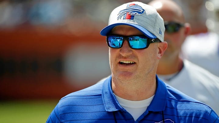 Aug 21, 2021; Chicago, Illinois, USA; Buffalo Bills assistant special teams coach Matthew Smiley on the sideline during the first half against the Chicago Bears at Soldier Field. The Buffalo Bills won 41-15. Mandatory Credit: Jon Durr-Imagn Images Aug 21, 2021; Chicago, Illinois, USA; Buffalo Bills assistant special teams coach Matthew Smiley on the sideline during the first half against the Chicago Bears at Soldier Field. The Buffalo Bills won 41-15. Mandatory Credit: Jon Durr-Imagn Images