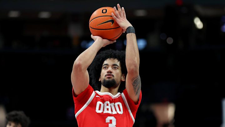 Jan 26, 2026; Columbus, Ohio, USA; Ohio State Buckeyes guard Taison Chatman (3) shoots a free throw during the second half against the Penn State Nittany Lions at Value City Arena. Mandatory Credit: Joseph Maiorana-Imagn Images