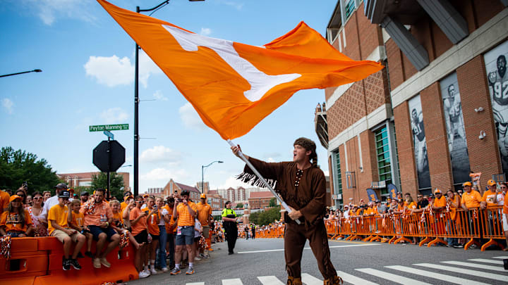 The Volunteer waves the Power T flag during the Vol Walk before Tennessee's football game against Austin Peay at Neyland Stadium in Knoxville, Tenn., on Saturday, Sept. 9, 2023.
